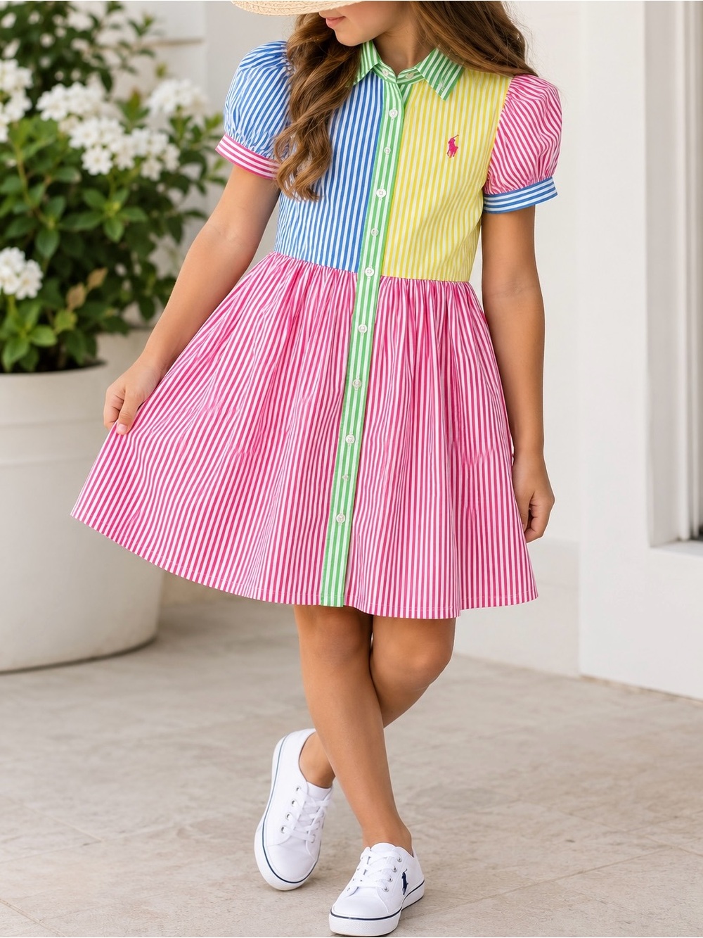 Ralph Lauren Girls' Multicolor Striped Cotton Shirt Dress - Pink/Blue/Yellow